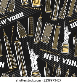 Vector New York City seamless pattern, square repeat background with illustration of contour illuminated buildings in united states on dark background, decorative urban poster with white word new york