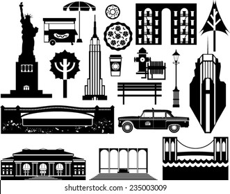 Vector New York City Street Icon Set. A Set Of New York Symbols And Landmarks In Silhouettes.