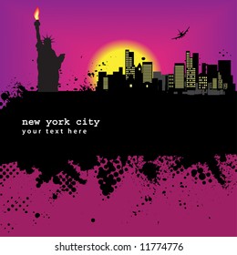 Vector - New York Grunge city at sunset with the statue of liberty