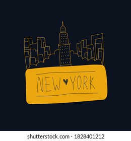 Vector new York lettering with illustration. Names of a city in the United States, new York, drawn by hand, with landmarks on a dark background. Vector banner for fans of new York in the States