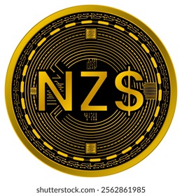 Vector of New Zealand Dollar Digital Currency in gold and black colors on a white background.