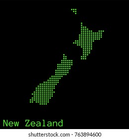Vector New Zealand map dotted silhouette with green dots on a black background (as on old ancient computers running DOS)