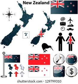 Vector of New Zealand set with detailed country shape with region borders, flags and icons