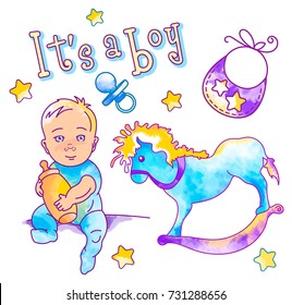 Vector newborn baby boy clip art and design elements.Watercolor, aquarelle illustration isolated on white background. Consist of boy with a bottle of milk, toy pony, nipple . Can be used for print 