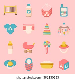 Vector newborn goods in cartoon style. Baby shower and newborn concept. Vector set with newborn goods for baby care design. Isolated newborn and baby care icons