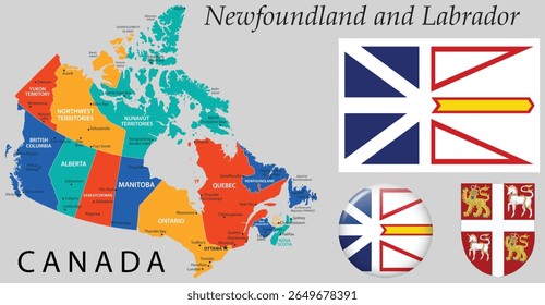 Vetor da Terra Nova e Labrador brasão de armas, bandeira e mapa. Excelente para designs com tema canadense, educação, história e conteúdo relacionado ao governo.