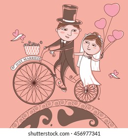 Vector Newlyweds on a bike ride on a honeymoon/Newlyweds bike/The bride and groom on a bicycle on a background