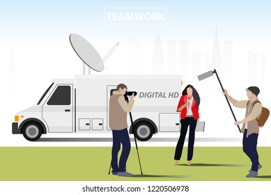 vector news anchor teamwork on city background
