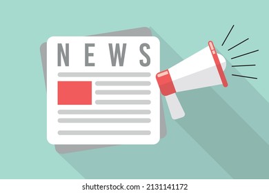 Vector News Concept Background. Newspaper Icon with Megaphone Illustration. Journalism concept illustration. Loudspeaker and Newspaper Isolated Flat Design Elements.