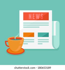 Vector news concept in flat style - newspaper and coffee cup