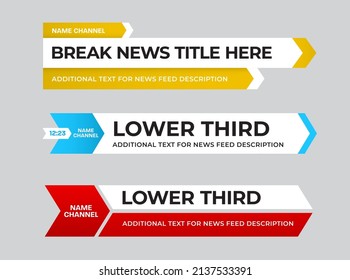 Vector news line with guide arrow, lower third for video, media, text information for channels, tv. Illustration design for title plate on white background. Dashboard template in blue, red, yellow