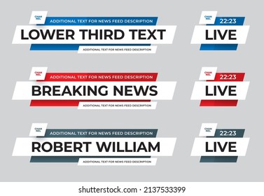 Vector news line, lower third with color inserts for channel names, info, text, on a white background, used in video, media, tv. Set of title plates for name, title, descriptions on screen.