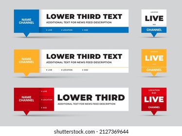 Vector news line for TV channel name, location, lower third in yellow, blue, red on white background. Title plate template for information. Concept for business, rectangular dashboard with triangle