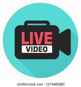 Vector news stream icon video camera. Text: live video. Illustration of an online broadcast in a flat style.