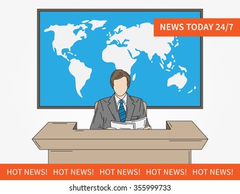Vector news TV announcer at studio. Anchor man (newscaster, newsreader) illustration.
