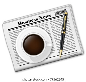 Vector newspaper with coffee cup and pen