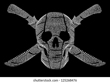 Vector newspaper columns texture shaped with pirates sign - skull and crossed swords. White on black background. All texts are unreadable.