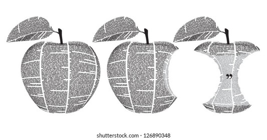 Vector newspaper columns texture shaped with apple - whole and bitten. All texts are unreadable.