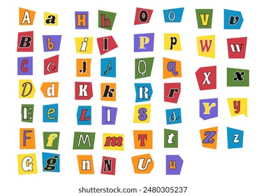 Vector newspaper cut random letters isolated on white background. Magazine color torn paper collage alphabet background. Clipping font collection