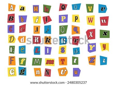 Vector newspaper cut random letters isolated on white background. Magazine color torn paper collage alphabet background. Clipping font collection