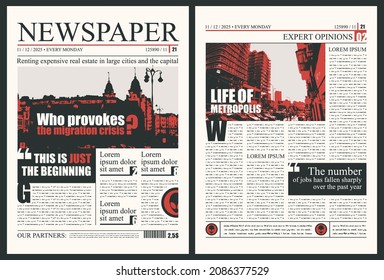 Vector newspaper layout with headlines, illustrations and imitation of text. News column articles and daily advertising construction.Newsprint design or magazine page template with black and red print