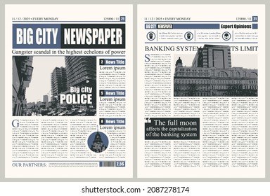 Vector newspaper layout with headlines, illustrations and unreadable text. Magazine page or Newsprint design template. Breaking news columns, articles and place for advertising.