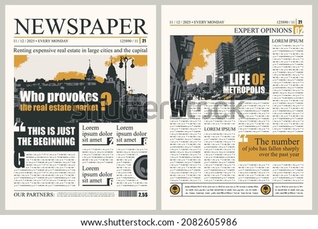 Vector newspaper layout with headlines, illustrations and imitation of text. News column articles and daily advertising construction. Newsprint design or magazine page template.