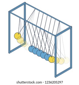 Vector Newton Swing In Isometric Perspective. Blue Yellow Pendulum Cradle Metal Bolls Isolated On White Background. Outlined Low Poly 3d Master Illustration