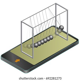 Vector Newton Swing In Mobile Phone, In Isometric Perspective. Pendulum Cradle Metal Bolls Signals In Communication Technologies, Paraphrase. Isolated On White Background. Low Poly Master Illustration