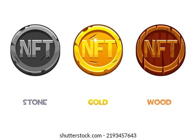 Vector NFT coins of different materials, golden, stone and wooden. Cryptocurrency, NFT-token Internet currency of the future