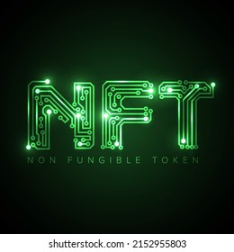 Vector nft concept header banner illustration template for websites or social networks. Nonfungible  token concept nft green letters graphic illustration background