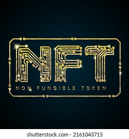 Vector Nft Konzept Kopfbanner-Illustration Vorlage für Websites oder soziale Netzwerke. Nicht fungierbares Token-Konzept, nft teure goldene Buchstaben, grafischer Hintergrund