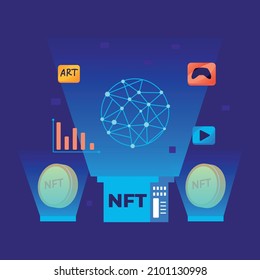 Vector de la ilustración de la caricatura de NFT no fungible con fondo gráfico.