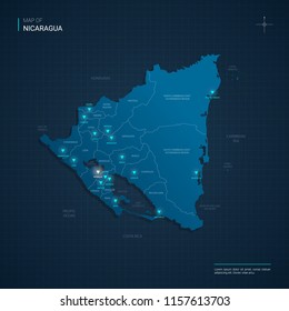 Vector Nicaragua map illustration with blue neon lightpoints - triangle on dark blue gradient background. Administrative divisions, cities, borders, capital. Neon tech background with glow. 