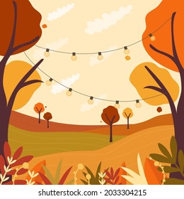 Vector nice autumn background, wallpaper, backdrop. Fall landscape.Fall nature, trees with lights or garland and clouds. Romantic season.