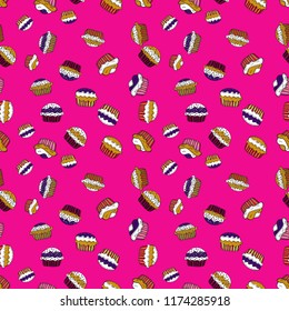 Vector. Nice birthday pattern on magenta, white and yellow. For food poster design. Cake muffin cute seamless pattern.