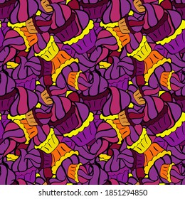 Vector. Nice birthday pattern on violet, black and purple. For food poster design. Cake muffin cute seamless pattern.