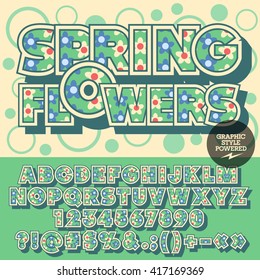 Vector lindo alfabeto floral.  Bonita carta con flores de primavera de texto con círculos sobre el fondo. Conjunto de números, símbolos y letras con un patrón verde y amarillo