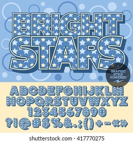 Vektorschönes Sternalphabet. Schöne Karte mit Text Helle Sterne mit Kreisen auf dem Hintergrund.  Satz aus Zahlen, Symbolen und Buchstaben mit blauem und gelbem Muster