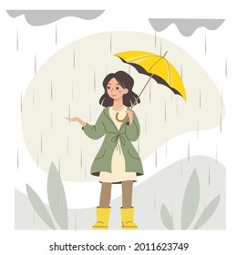  Vector nice young woman in the coat and rubber boots walking in the rain with umbrella. Cartoon girl enjoyed autumn weather.