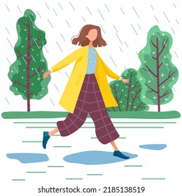 Vector nice young woman in coat walking in rain without umbrella. Cartoon girl enjoyed autumn weather, cheerfully walking through puddles in rainy weather. Autumn weather, water drops in park