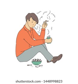 Vector nicotine addiction concept with young teen man sitting smoking cigarette near ashtray full of roach. Unhappy male character suffering from smoking. Lungs cancer, unhealthy lifestyle.