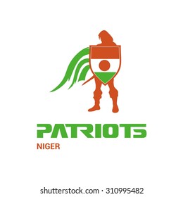 Vector Niger Flag Patriots Soldier Logo. Mascot Character Design. Memorial Day Army man with Shield. Vector Freedom Leader Logo illustration