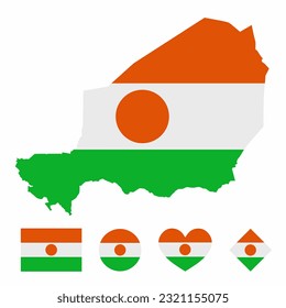 Vector of Niger map flag with flag set isolated on white background. Collection of flag icons with square, circle, love, heart, and rectangle shapes.