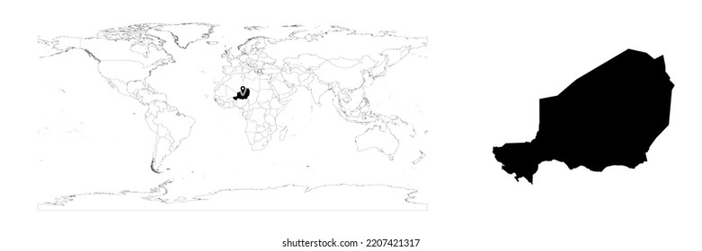 Vector Niger map showing country location on world map and solid map for Niger on white background. File is suitable for digital editing and prints of all sizes.