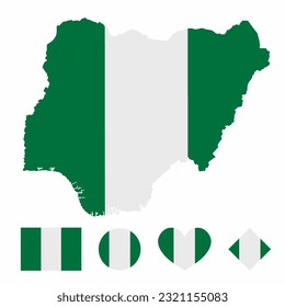 Vector of Nigeria map flag with flag set isolated on white background. Collection of flag icons with square, circle, love, heart, and rectangle shapes.