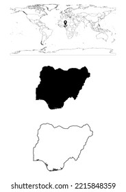 Mapa vectorial de Nigeria, mapa de Nigeria que muestra la ubicación del país en el mundo con mapas sólidos y esquemáticos de Nigeria sobre fondo blanco. El archivo es adecuado para la edición digital y las impresiones de todos los tamaños.
