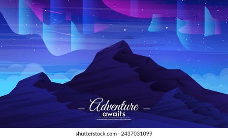 Vector night aurora borealis. Mountains with starry sky. Background design.