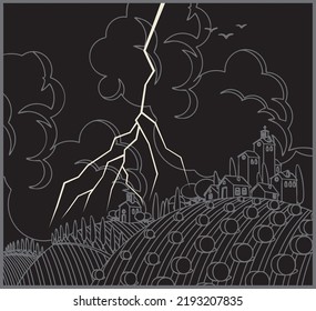 paisaje vectorial nocturno de otoño con rayo y lluvia, campo de trigo con granizados y casas de pueblo, montañas en el horizonte y nubes en el cielo