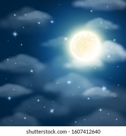 Vector night background with full moon, shining stars and clouds on dark blue sky 